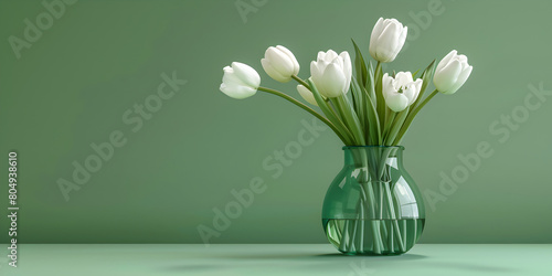   White Bouquet tulips in transparent green vase on green background top view. Happy spring Holidays. Valentine's day. Birthday. Women's day. Easter. Flower wedding card, invitation, banner concept  
 photo