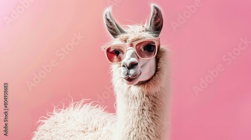 Creative animal concept. Llama in sunglass shade glasses isolated on solid pastel background, commercial, editorial advertisement, surreal surrealism