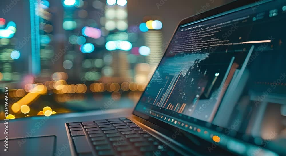 analyzing financial data on laptop with city background. modern business concept