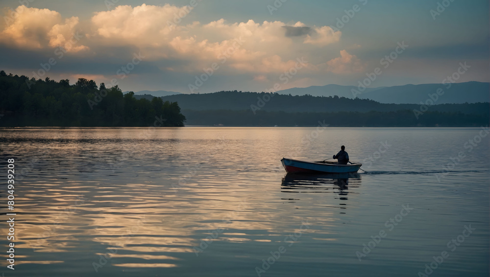 A serene scene of a solitary boat gliding across the tranquil waters of the lake.