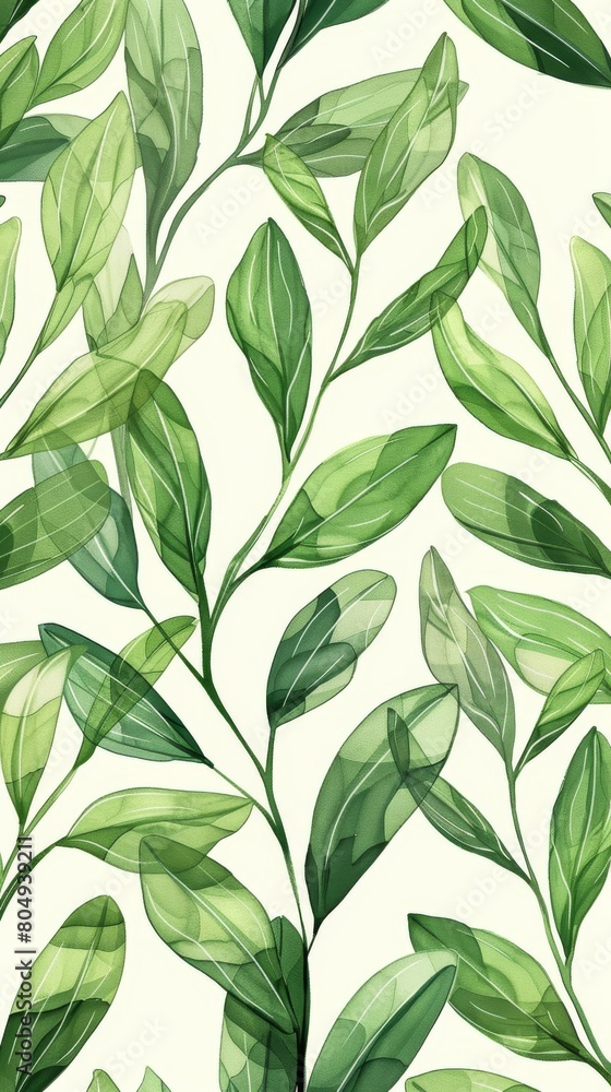 A seamless botanical watercolor illustration featuring a variety of green leaves, perfect for backgrounds, textiles, and eco-friendly concepts