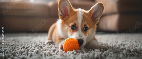 welsh corgi pembroke puppy playing with a ball photo