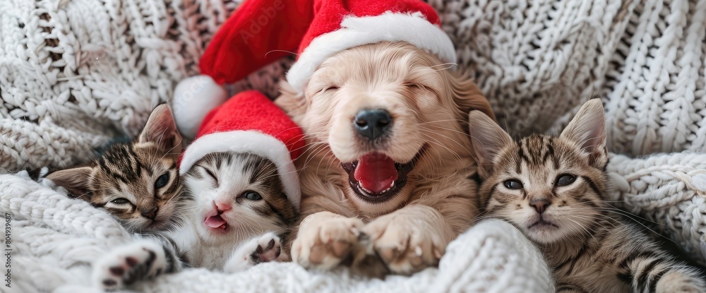 Yawning English Cocker spaniel puppy dressed like santa claus reindeer Rudolf lying with cozy kittens under white blanket at home. Kittens wearing santa hats look at camera. Top down view Yawning English Cocker spaniel puppy dressed like santa claus reindeer Rudolf lying with cozy kittens under white blanket at home. Kittens wearing santa hats look at camera. Top down view