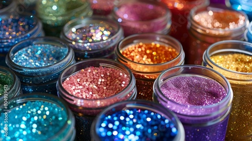 macro view of containers full of colorful glitter sparkles