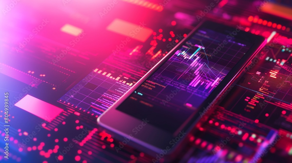 The screen of a cell phone shows a graph with several light spots in the background. The screen of a cell phone shows a graph with several light spots in the background.