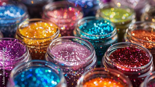 macro view of containers full of colorful glitter sparkles