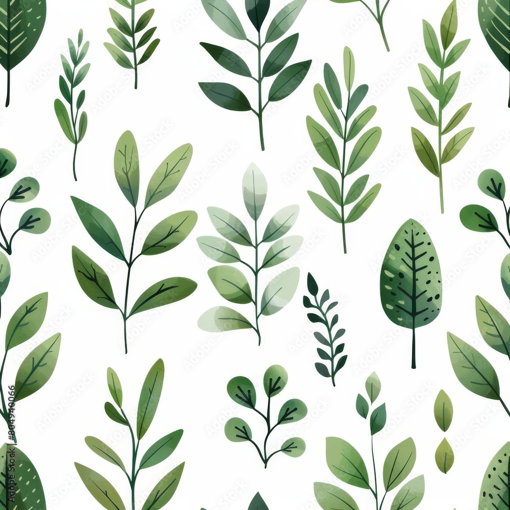 Fototapeta premium A seamless botanical watercolor illustration featuring a variety of green leaves, perfect for backgrounds, textiles, and eco-friendly concepts