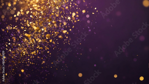 Abstract Background with Amethyst and Gold Particles. Christmas Gold Light Shine Particles Bokeh on Purple Background. Gold Foil Texture.