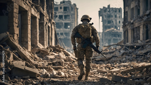 A solitary soldier navigates through the ruins of a devastated city, a poignant symbol of resilience amidst destruction.