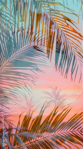Close up of palm leaf at sunset, a natural landscape painting