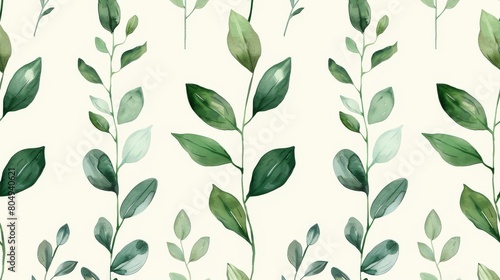 A seamless botanical watercolor illustration featuring a variety of green leaves, perfect for backgrounds, textiles, and eco-friendly concepts