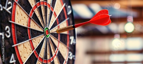 A dart perfectly hitting the bullseye of a dartboard photo