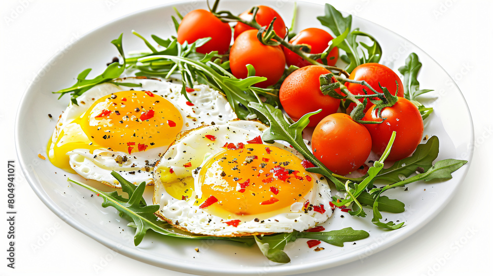 Plate with tasty fried eggs tomatoes and arugula on white