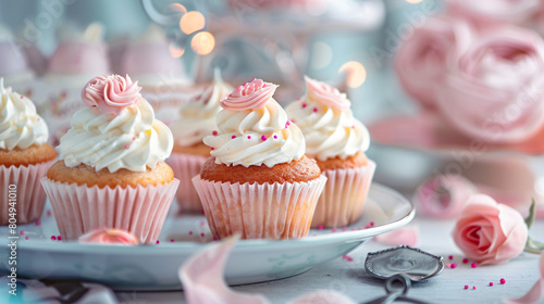 Plate with tasty cupcakes on table. Mothers Day