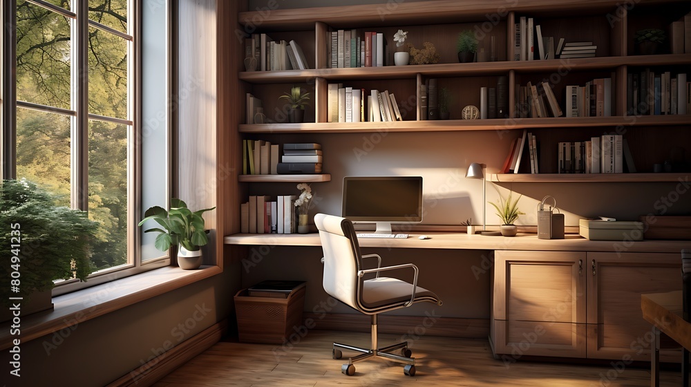A compact and efficient home office with a built-in desk, storage cabinets, and ergonomic chair, maximizing space for productivity and organization.