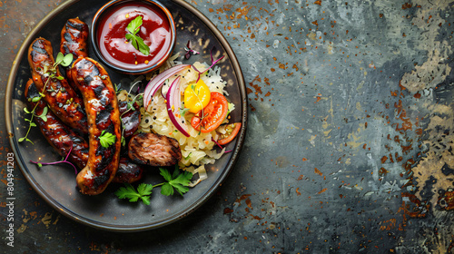 Plate with tasty grilled sausages sauerkraut and sauce