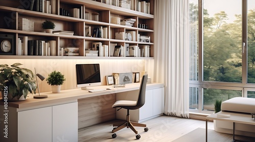 A compact and efficient home office with a built-in desk, storage cabinets, and ergonomic chair, maximizing space for productivity and organization. photo
