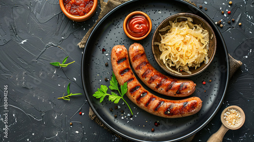 Plate with tasty grilled sausages sauerkraut and sauce