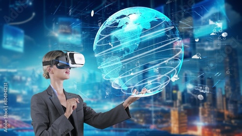 Woman looking finance big data dynamic rotating dynamic world screen by VR future global market innovation interface digital infographic network technology virtual hologram at building. Contraption.