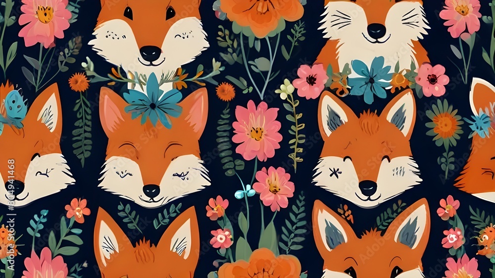 Cute foxes heads with flower crown, vector seamless pattern design for nursery, poster, birthday greeting cards Generative AI Cute foxes heads with flower crown, vector seamless pattern design for nursery, poster, birthday greeting cards Generative AI