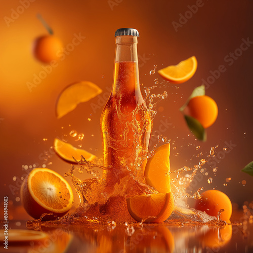 A bottle with tasty orange drink with blash of drops and orange slices mockup photo