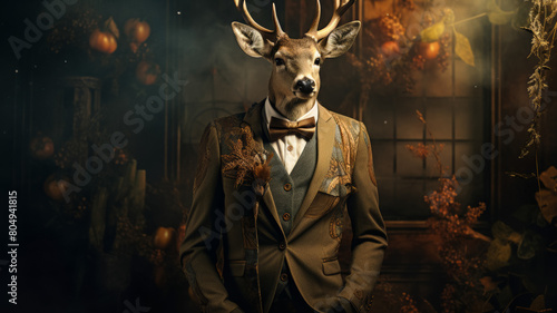 Imagine a debonair deer in a velvet smoking jacket, accessorized with a silk cravat photo