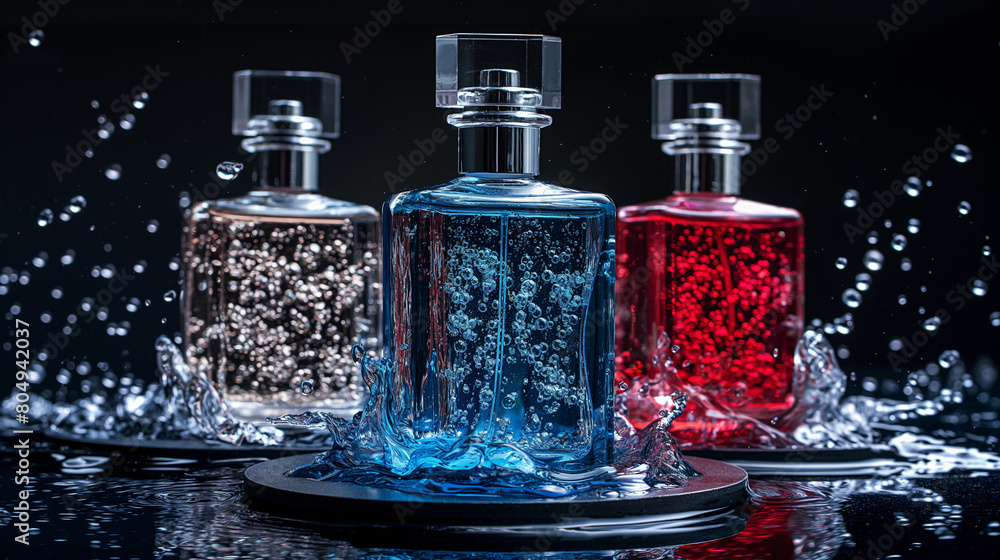 Triple bottle of premium perfume on a luxury dark background Triple bottle of premium perfume on a luxury dark background