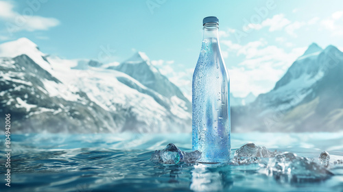 A clean mountain mineral water in glass bottle on mountains landscape