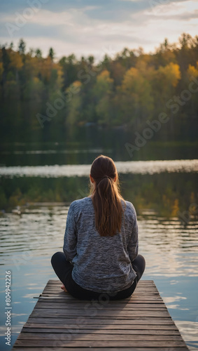 A tranquil scene unfolds, a young woman sits in meditation on a wooden pier by the edge of a tranquil lake, cultivating focus and serenity. © xKas