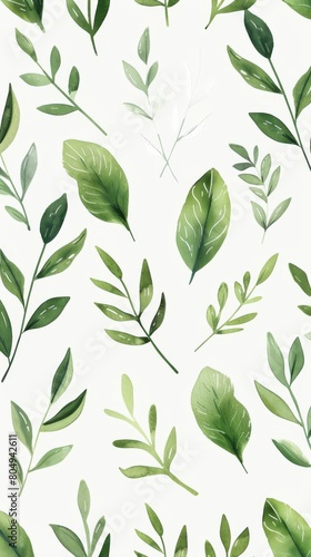 A seamless botanical watercolor illustration featuring a variety of green leaves, perfect for backgrounds, textiles, and eco-friendly concepts © MiniMaxi