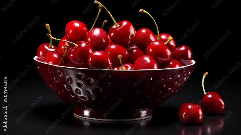 Bowl with sweet cherries on black background. Bowl with sweet cherries on black background.