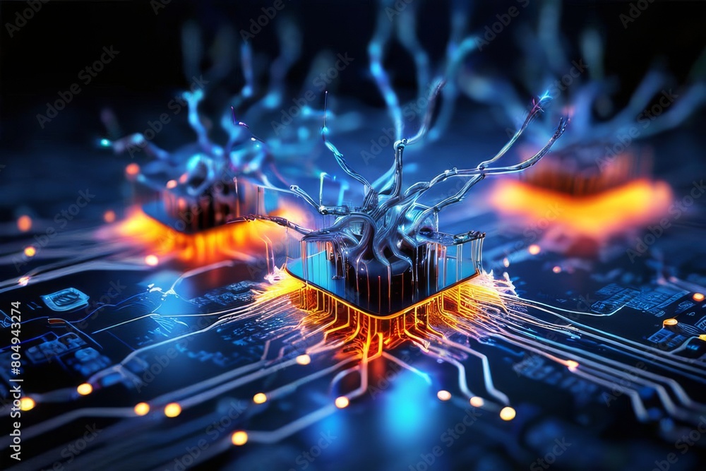 a glowing computer centered by chipset, dark turquoise and dark black Backgrpund AI Image a glowing computer centered by chipset, dark turquoise and dark black Backgrpund AI Image