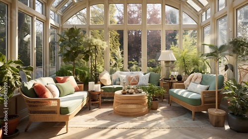 A sunlit conservatory with floor-to-ceiling windows, botanical prints, and wicker furniture, creating an indoor garden oasis bathed in natural light.