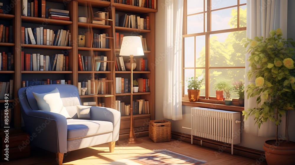 A sunlit reading nook tucked away in a corner, featuring a comfortable armchair, a floor lamp, and a bookshelf filled with literary classics.