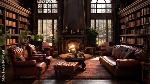 A traditional library with built-in bookcases, leather armchairs, and a fireplace, offering a cozy retreat for reading and relaxation.