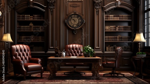 A traditional study with dark wood paneling, a leather armchair, and a mahogany desk, evoking a sense of timeless elegance and sophistication.