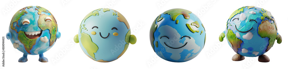 Obraz premium Set of 3D cute happy cartoon earth environment day concept, isolated on white background, png
