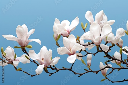 Blooming white and pink close-up flowers of magnolia on a branch with young leaves  growing in spring park or botanical garden  with blurred blue background