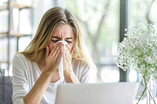 A young woman blowing her nose while working at home.