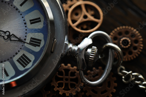 Old clock macro. Closeup of gears from clock works. rusty mechanism in the old clock photo