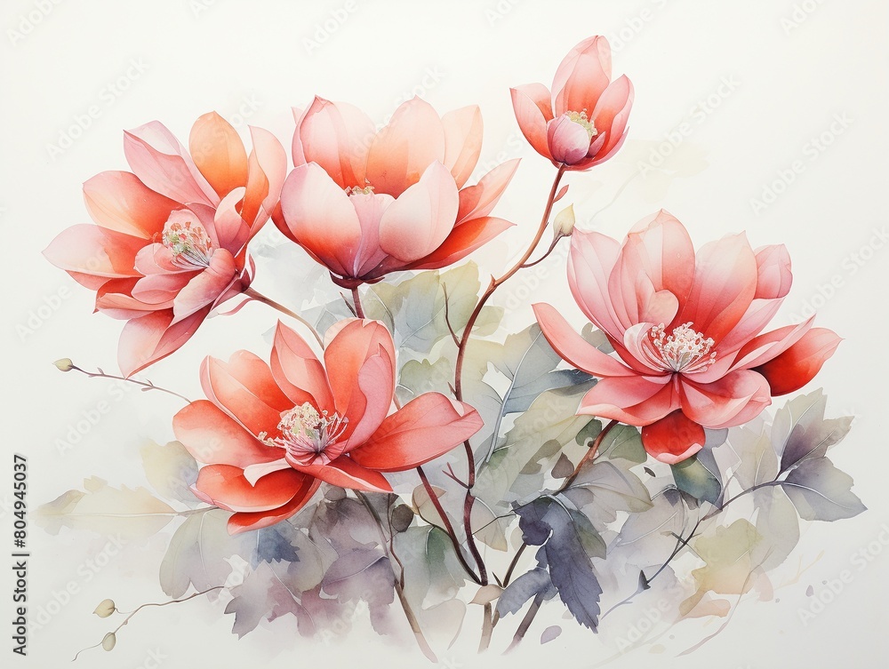 Ethereal lotus flowers in watercolor, red hues, paired with olive and sage green leaves, against a stark white background ,  against pur white background