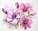 Elegant watercolor of pink and purple flowers, closeup view for a lovely and tranquil wall decor, showcasing nature s spring beauty ,  high resolution