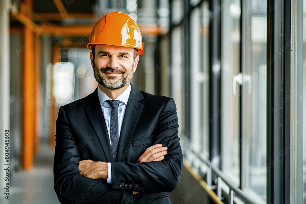 Smiling young engineer man in classic black suit shirt tie and construction helmet posing isolated on light green background. Achievement career wealth business concept. Holding hands crossed, looking Smiling young engineer man in classic black suit shirt tie and construction helmet posing isolated on light green background. Achievement career wealth business concept. Holding hands crossed, looking