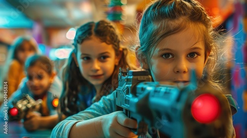 Happy children sharing leisure and fun playing laser tag at amusement park