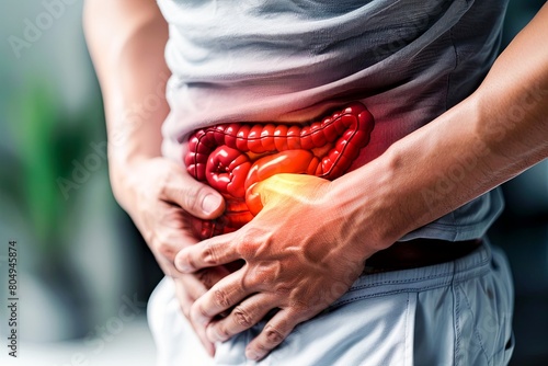 Human gastritis, Men stomach problem concept. Anatomy highlighted red on body.