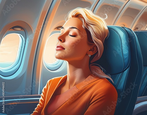 An image depicting the concept of flight anxiety, showcasing a nervous passenger on an airplane using relaxation techniques to overcome their fear of flying. photo