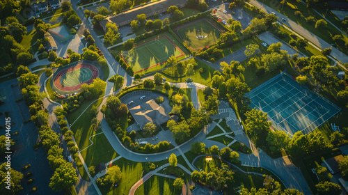 Aerial view of a summer recreation center with sports courts and green spaces, vibrant community hub, dynamic