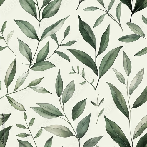 A seamless botanical watercolor illustration featuring a variety of green leaves, perfect for backgrounds, textiles, and eco-friendly concepts
