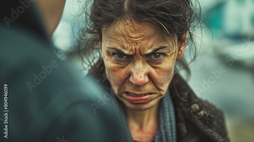 A woman confronting an adversary, face set in determination and fury photo