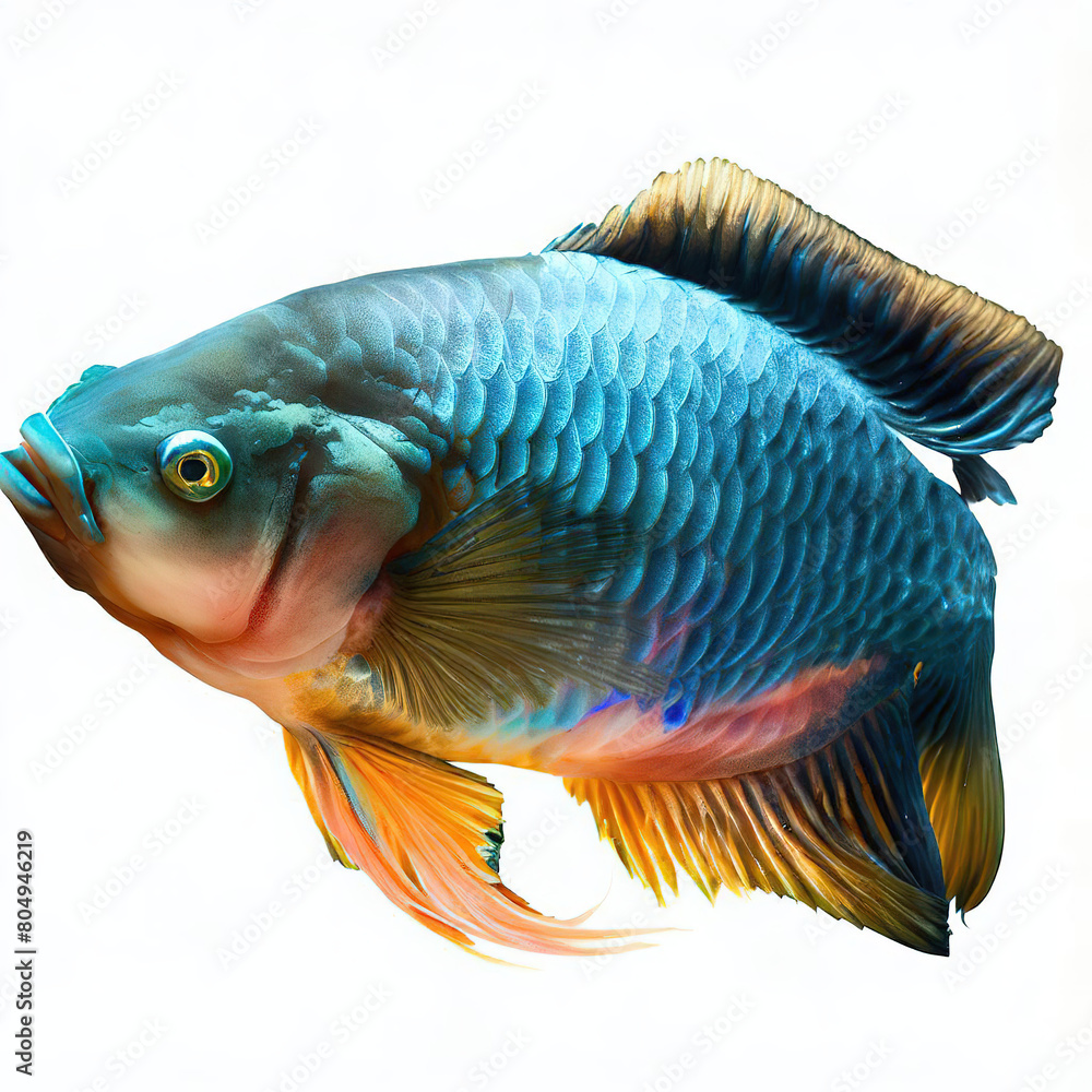 Fototapeta premium an isolated colorful fish on a white background, created with AI technology. 